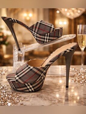 Faux Burberry Plaid Platform Slide Heels Size 10